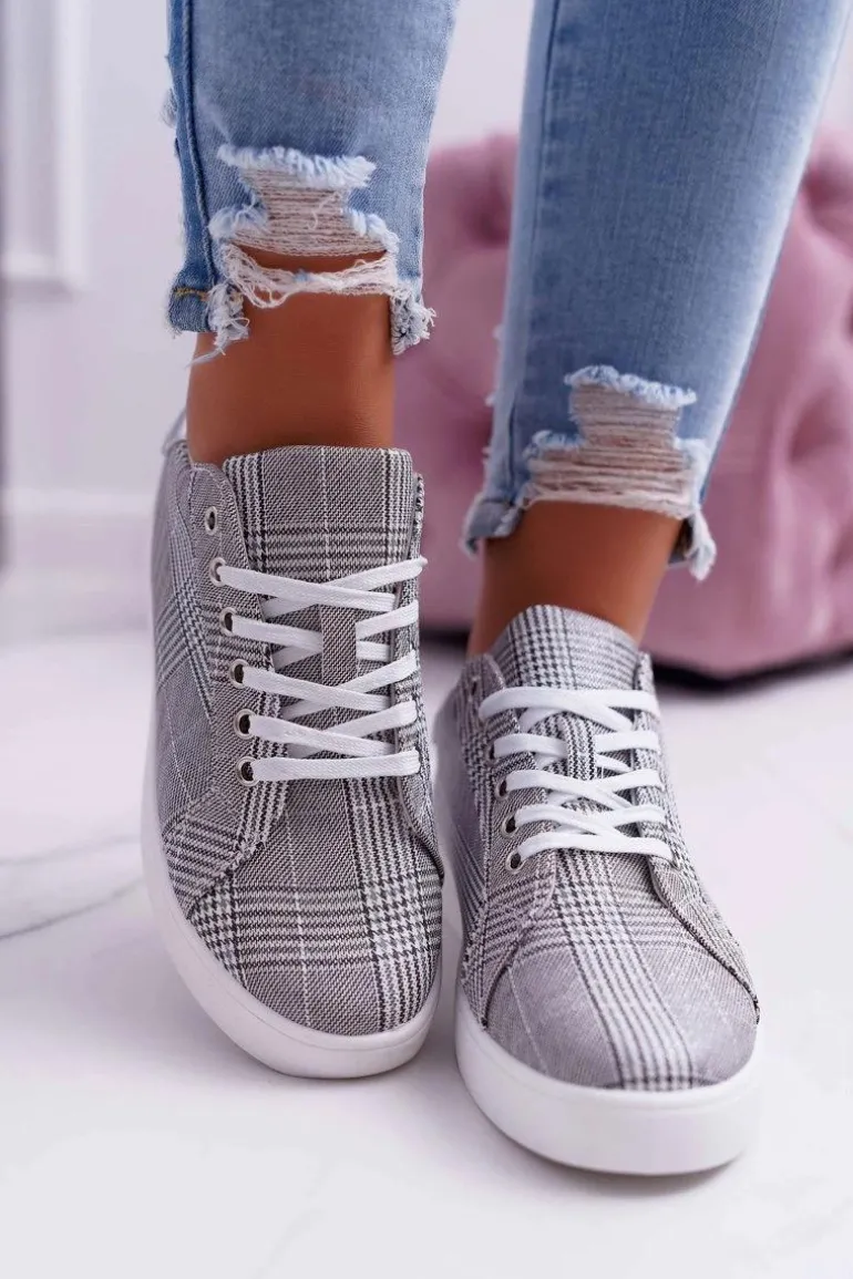 Damskie Trampki W Kratkę Brokat Szare Bellisa