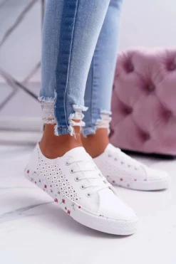 Damskie Trampki W Kwiaty Ażurowe Białe Loriann