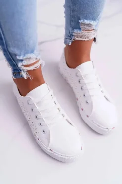 Damskie Trampki W Kwiaty Ażurowe Białe Loriann