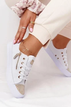 Damskie Trampki Z Suwakiem Biało-Złote Festival