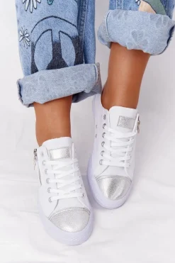 Damskie Trampki Z Suwakiem Biało-Srebrne Festival