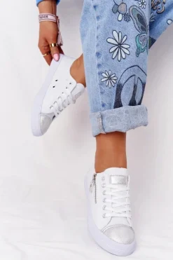 Damskie Trampki Z Suwakiem Biało-Srebrne Festival