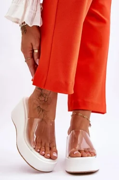 Damskie Transparentne Klapki Na Koturnie Białe Eliane