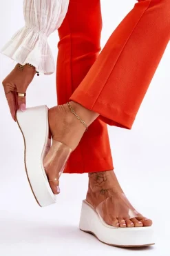 Damskie Transparentne Klapki Na Koturnie Białe Eliane