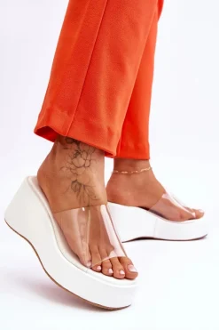 Damskie Transparentne Klapki Na Koturnie Białe Eliane