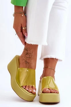 Damskie Transparentne Klapki Na Koturnie Jasnozielone Eliane