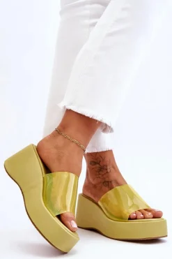 Damskie Transparentne Klapki Na Koturnie Jasnozielone Eliane