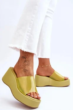 Damskie Transparentne Klapki Na Koturnie Jasnozielone Eliane