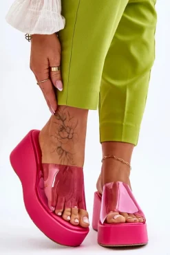 Damskie Transparentne Klapki Na Koturnie Fuksja Eliane