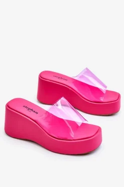 Damskie Transparentne Klapki Na Koturnie Fuksja Eliane