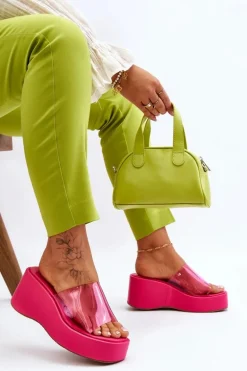 Damskie Transparentne Klapki Na Koturnie Fuksja Eliane