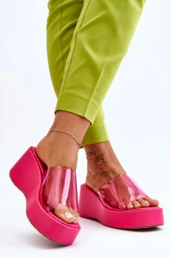 Damskie Transparentne Klapki Na Koturnie Fuksja Eliane