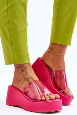 Damskie Transparentne Klapki Na Koturnie Fuksja Eliane