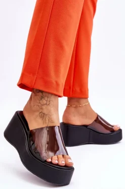 Damskie Transparentne Klapki Na Koturnie Czarne Eliane