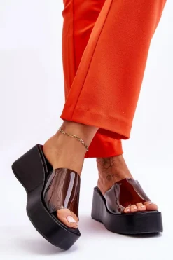 Damskie Transparentne Klapki Na Koturnie Czarne Eliane