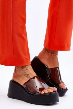 Damskie Transparentne Klapki Na Koturnie Czarne Eliane