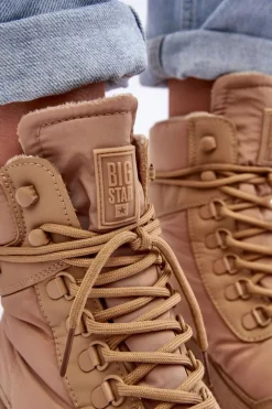 Damskie Trapery Botki Ocieplane Na Platformie I Płaskim Obcasie Big Star MM274340 Beżowe