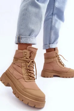 Damskie Trapery Botki Ocieplane Na Platformie I Płaskim Obcasie Big Star MM274340 Beżowe