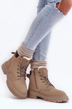 Damskie Trapery Ocieplane Futerkiem Ciemnobeżowe Fenan