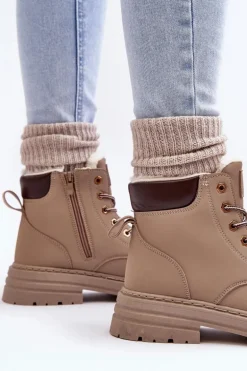 Damskie Trapery Ocieplane Futerkiem Ciemnobeżowe Fenan