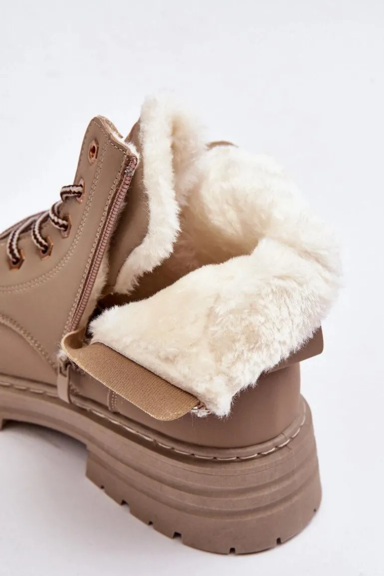 Damskie Trapery Ocieplane Futerkiem Ciemnobeżowe Fenan