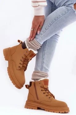 Damskie Trapery Ocieplane Futerkiem Camel Fenan