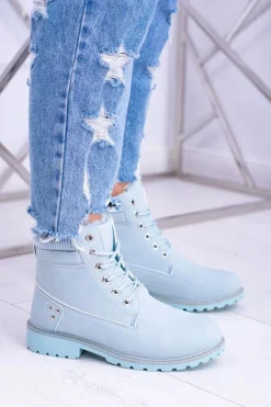 Damskie Trapery Ocieplane Timberki Błękitne Oxford