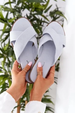 Damskie Welurowe Klapki Błękitne Edesa