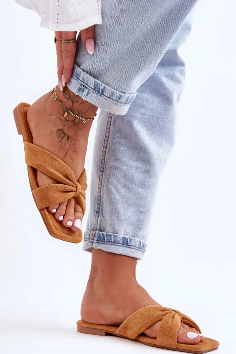 Damskie Welurowe Klapki Camel Vanilla Sky