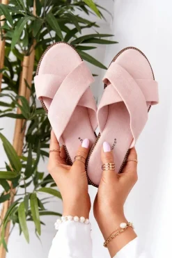 Damskie Welurowe Klapki Różowe Edesa