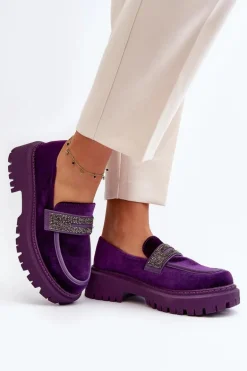 Damskie Welurowe Mokasyny Z Ozdobą Fioletowe Wendreda