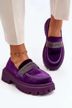 Damskie Welurowe Mokasyny Z Ozdobą Fioletowe Wendreda