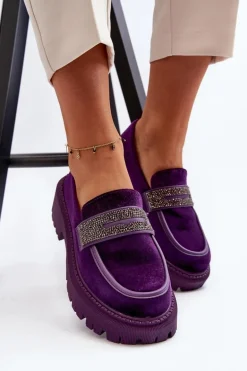 Damskie Welurowe Mokasyny Z Ozdobą Fioletowe Wendreda