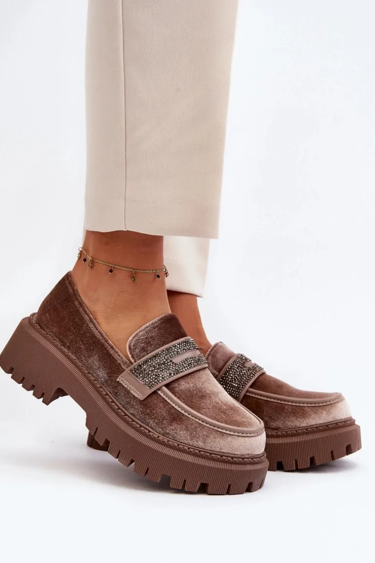 Damskie Welurowe Mokasyny Z Ozdobą Brązowe Wendreda