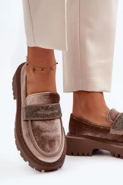 Damskie Welurowe Mokasyny Z Ozdobą Brązowe Wendreda