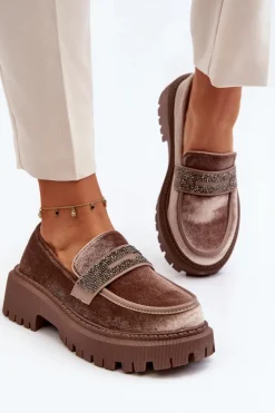 Damskie Welurowe Mokasyny Z Ozdobą Brązowe Wendreda