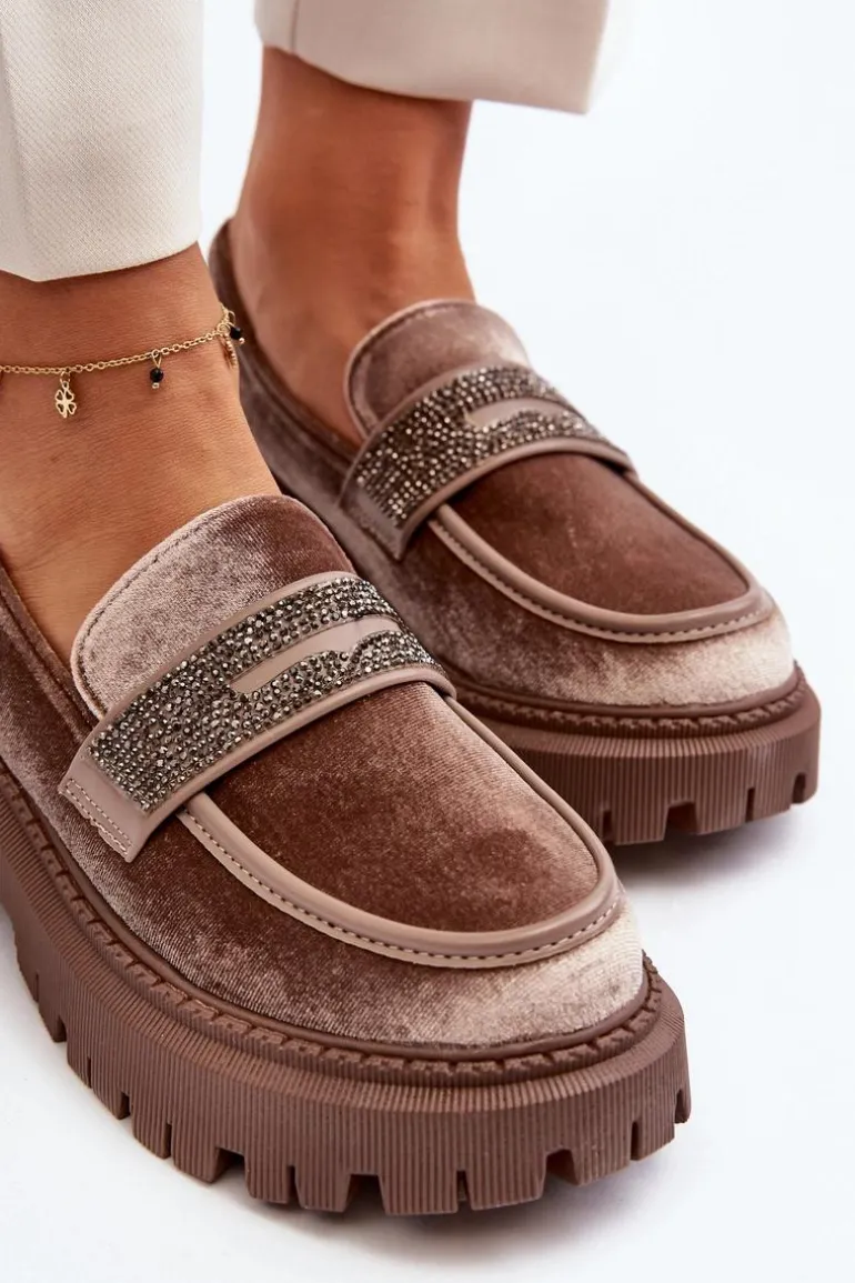 Damskie Welurowe Mokasyny Z Ozdobą Brązowe Wendreda