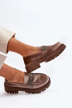 Damskie Welurowe Mokasyny Z Ozdobą Brązowe Wendreda