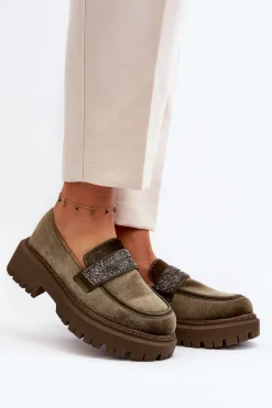 Damskie Welurowe Mokasyny Z Ozdobą Ciemnozielone Wendreda