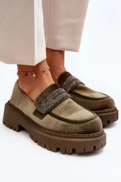 Damskie Welurowe Mokasyny Z Ozdobą Ciemnozielone Wendreda