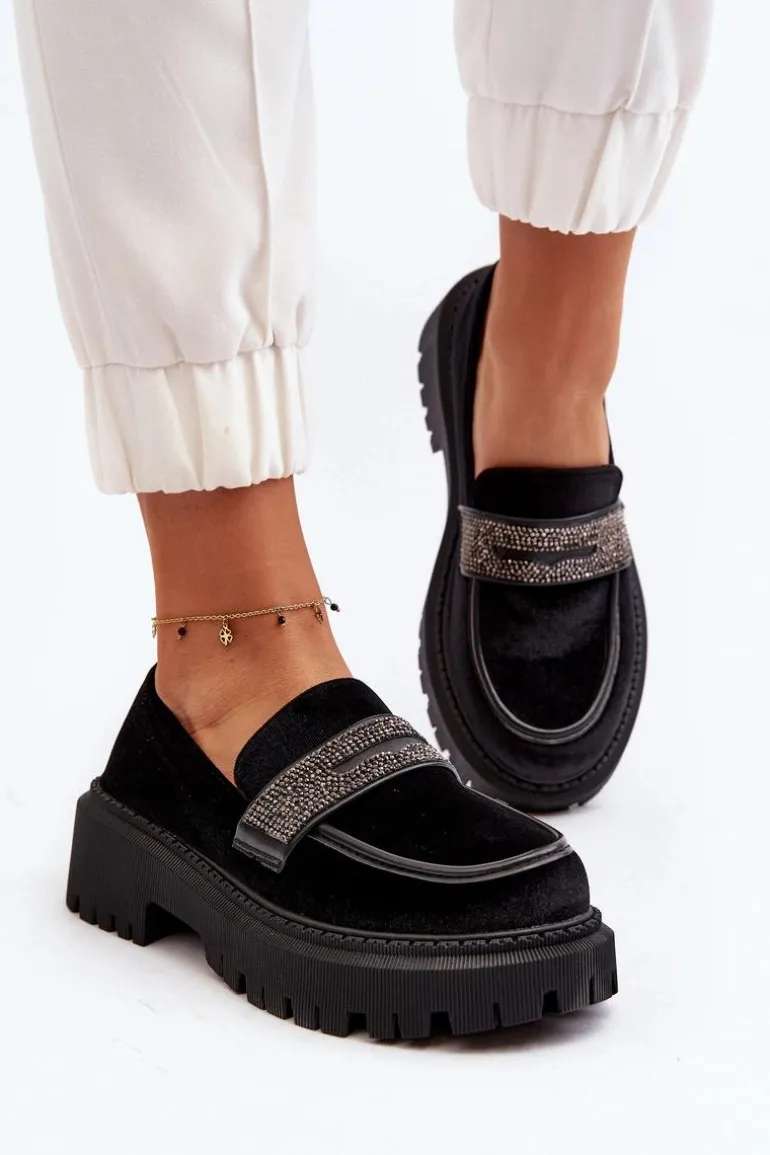 Damskie Welurowe Mokasyny Z Ozdobą Czarne Wendreda