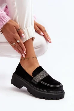 Damskie Welurowe Mokasyny Z Ozdobą Czarne Wendreda