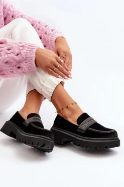 Damskie Welurowe Mokasyny Z Ozdobą Czarne Wendreda
