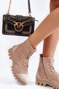 Damskie Wiosenne Zamszowe Botki Trapery Beżowe Margot