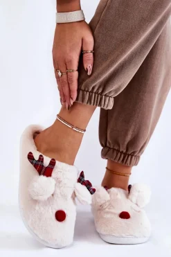 Damskie Świąteczne Futrzane Papcie Z Reniferem Kremowe Clarie