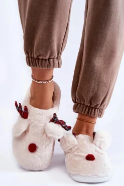 Damskie Świąteczne Futrzane Papcie Z Reniferem Kremowe Clarie