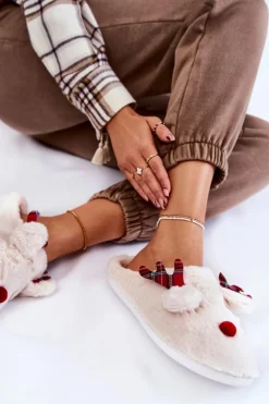 Damskie Świąteczne Futrzane Papcie Z Reniferem Kremowe Clarie