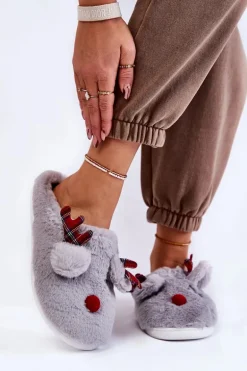 Damskie Świąteczne Futrzane Papcie Z Reniferem Szare Clarie