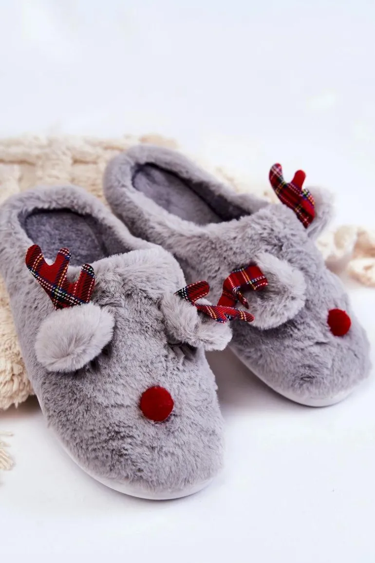 Damskie Świąteczne Futrzane Papcie Z Reniferem Szare Clarie