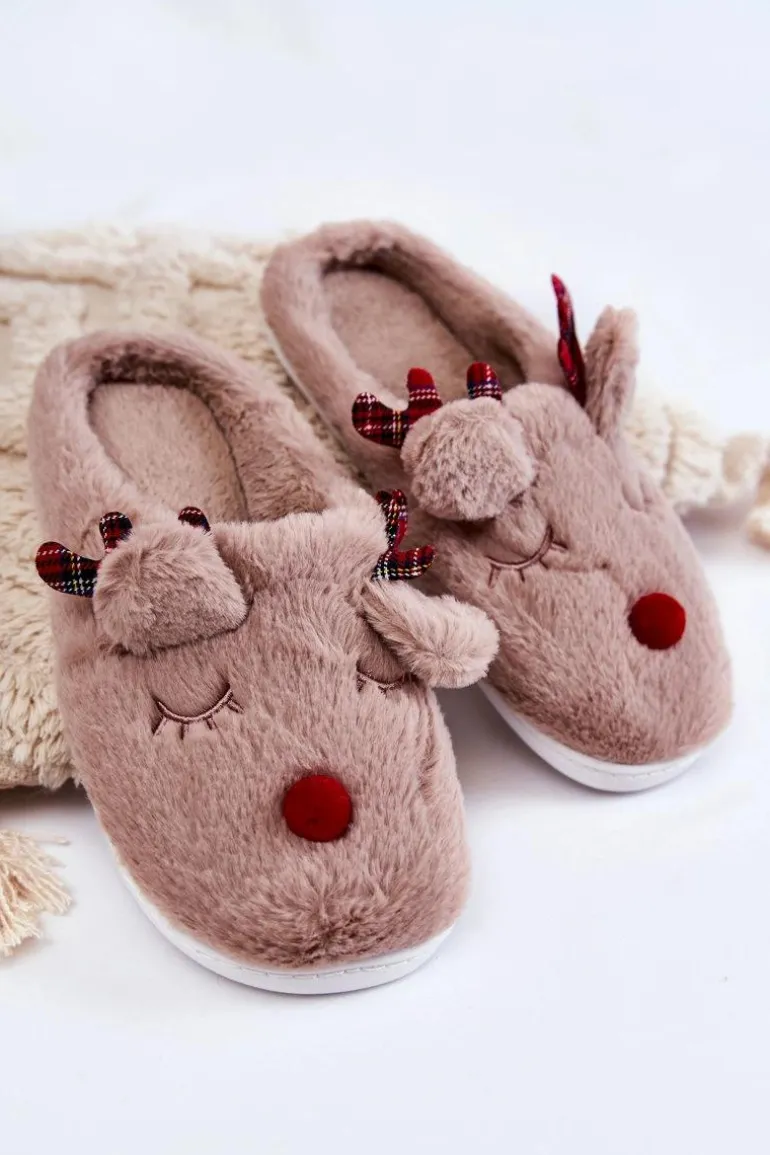 Damskie Świąteczne Futrzane Papcie Z Reniferem Beżowe Clarie